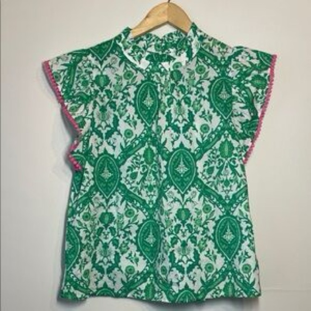 THML Women’s Blouse with Green Pattern and Pink Edges Size L